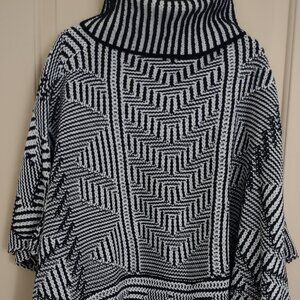 Womens Black & White Woven Knit Cowl Neck Fringe Poncho - One Size by Angie